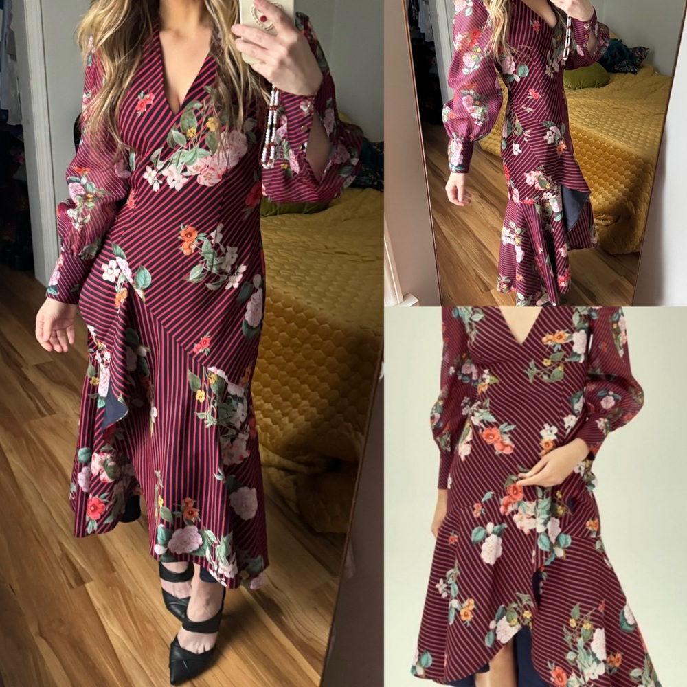 Keepsake revolve long sleeve floral striped ruffle dress s midi